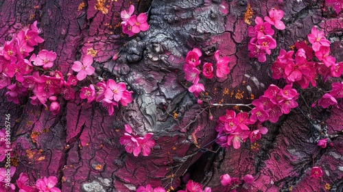 Close up of vibrant pink flowers blooming on a Judas tree scientifically known as Cercis siliquastrum The rich pink blossoms emerge on mature growth such as the trunk during the spring seas