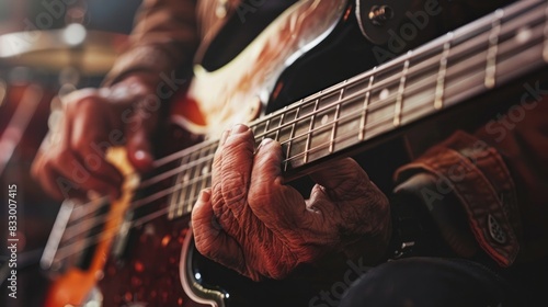 Closeup photo of bass guitar player hands