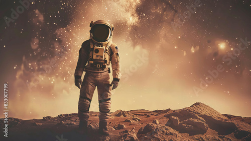 astronaut standing alone on planet mars with space galaxy background