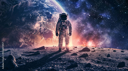 sad astronaut standing alone on planet mars with space galaxy background