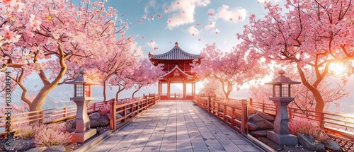 Beautiful traditional Japanese pagoda surrounded by cherry blossom trees in full bloom during sunset. Tranquil scene of nature's beauty.