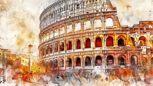 Colosseum in Rome Italy, watercolor style, Generative Ai technology