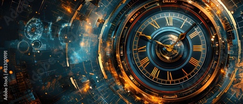 Futuristic clock with glowing elements and cosmic background, representing the concept of time travel and advanced technology.