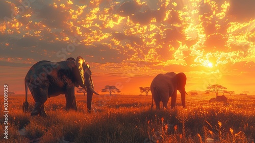 Majestic elephants in a golden sunset savanna, capturing the beauty of wildlife in a serene, natural habitat.