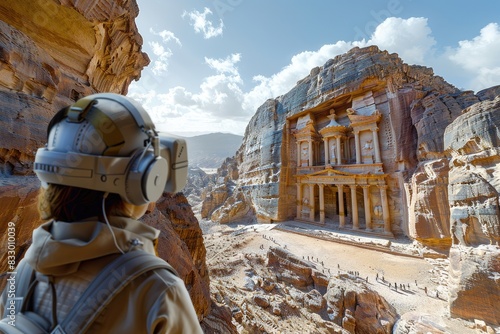 Tourist with VR headset exploring ancient ruins of Petra, Jordan, blending history and technology amidst breathtaking desert landscape.