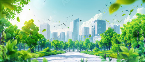 Vibrant cityscape with lush green park and tall modern skyscrapers beneath a clear blue sky filled with birds.