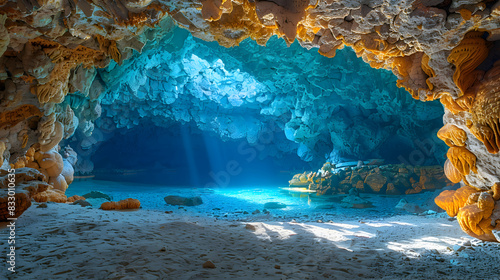 A vibrant nature cave landscape with colorful mineral deposits creating a striking visual