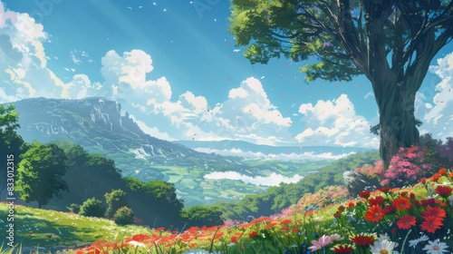 Gentle rolling hills of a peaceful field with ancient apple trees and vibrant blooms slowly fading into distance