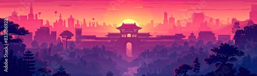 chinese ancient city silhouette purple gradient background