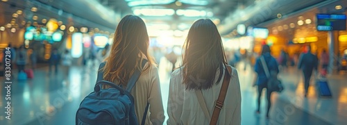 Asian young ladies traveling by stroll through the airport terminal to the boarding gate