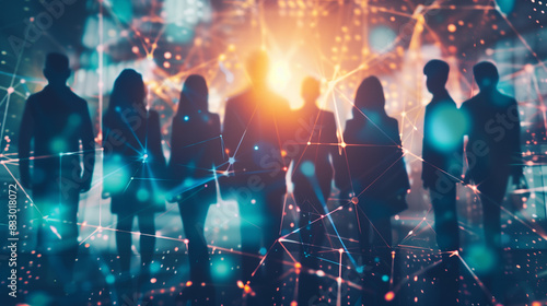 A group of people are holding hands in a circle, with a computer monitor in the background. Concept of unity and collaboration, as the people are working together towards a common goal