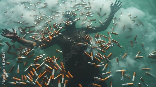 A person drowning in a sea of cigarette butts illustrating the overwhelming and suffocating nature of smoking addiction