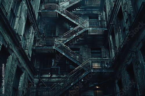 A network of winding staircases and fire escapes leading up the side of a towering skyscraper.