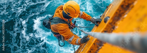An offshore drill male worker inspects the thickness of the yellow oil and gas production petroleum pipeline by rope access.