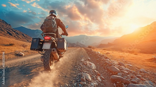 Traveler exploring the world on an adventure motorcycle while traveling over a rough and uneven road on a rock mountain at sunset.