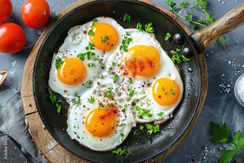 Close-Up of Fried Eggs with Herbs and Spices in Rustic Skillet on Wooden Board, Fresh Tomatoes in Background