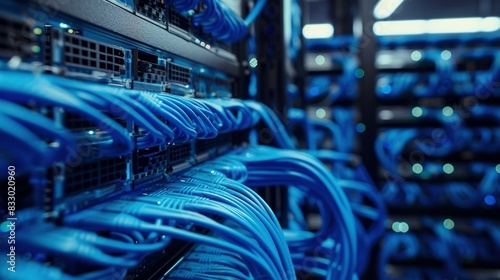 Close-Up: Network Switch and Connected Blue Cable