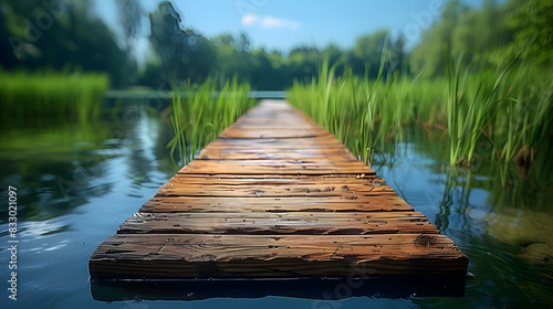 A vibrant nature estuary landscape with a wooden boardwalk extending over the water, the calm surface reflecting the sky