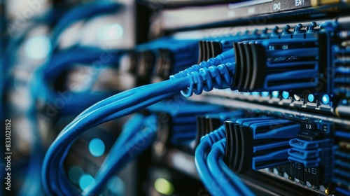 Close-Up: Network Switch and Connected Blue Cable