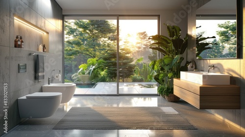 Modern Luxury Bathroom with Nature View, Minimalist Design, Wooden Accents, Large Glass Windows, Indoor Plants