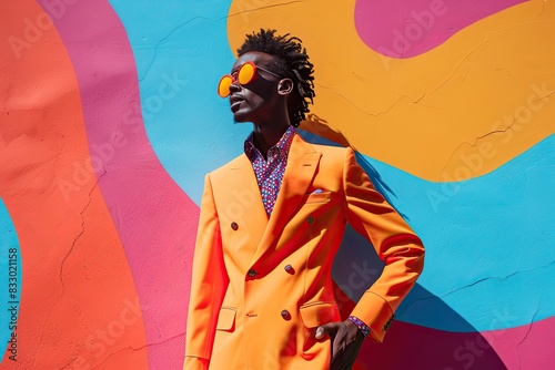 Stylish Man in Vibrant Orange Suit and Sunglasses Against Colorful Abstract Background