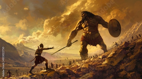 David fighting Goliath on the battlefield in high resolution and high quality. concept religion, history