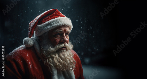Spooky scary Santa Claus. Horror in the north pole: when Santa Claus turned evil. Portrait of Santa with creepy expression and blood in his face. Copy space