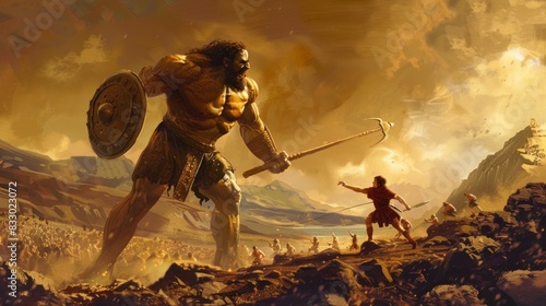 David fighting Goliath on the battlefield in high resolution and high quality. concept religion, history, biblical, culture