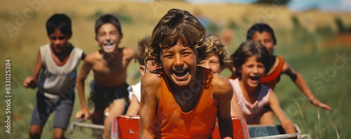 Children competing in a wheelbarrow race with laughter