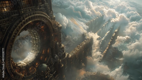Futuristic city with towering structures reaching through the clouds, showcasing intricate architecture and a surreal sci-fi ambiance.