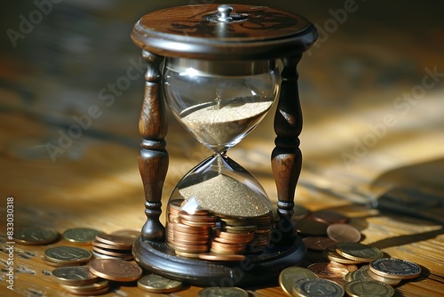 A sand hourglass with falling coins instead of sand grains