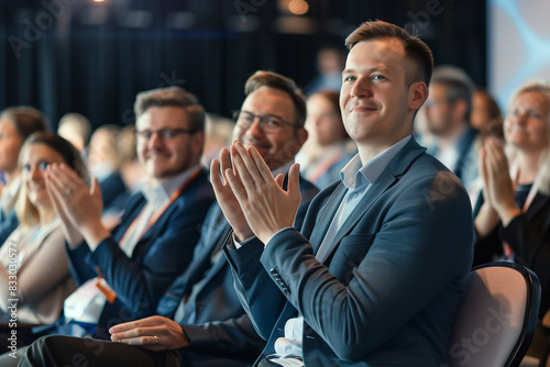 businessman hand clap in theater while watch the show or conference, business and meeting concept