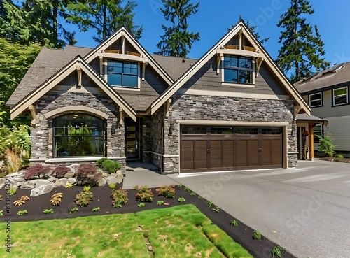 Beautiful new home exterior in pacific northwest with stone and shingle cladding