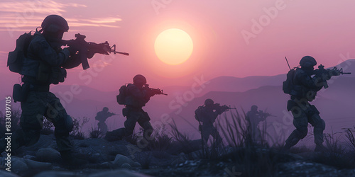 Cinematic Horizon Soldier Silhouettes in Military Equipment . Soldiers silhouettes the heart of Warriors in the Dark. 