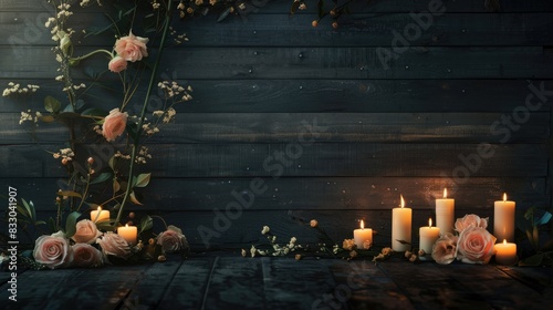 Candlelight and floral decorations set against a dark backdrop of a wooden surface