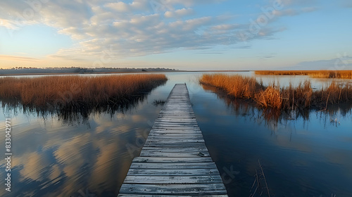A vibrant nature marsh landscape with a wooden boardwalk extending over the water, the calm surface reflecting the sky