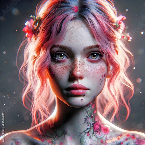 Retrato de rostro de mujer hermosa, rostro de mujer con tatuaje de rosas, rostro de mujer con pecas, rostro de mujer con Rosas 