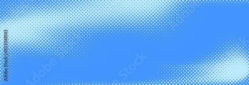 Blue halftone pattern. Retro comic gradient background. Bright pixelated dotted texture overlay. Cartoon pop art faded gradient pattern. Vector backdrop for poster, banner, advertisement