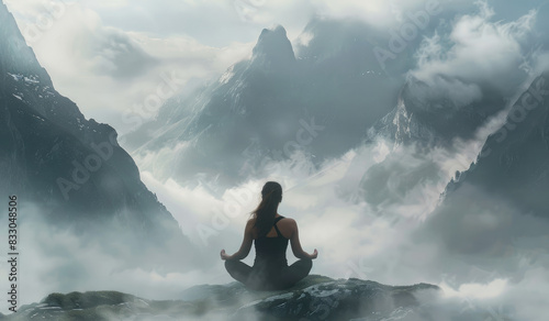 A woman meditating on top of a mountain, with a beautiful scenery and an epic view. Misty clouds below the peak with mountains in the background. 