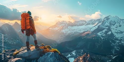 Adventurer Stands Atop Snowy Mountain Peak Overlooking Breathtaking Sunset Landscape