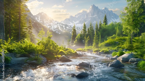 Captivating Mountain Stream Flowing Through Lush Forest with Towering Peaks in the Distance