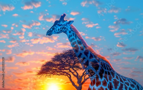 Giraffe near acacia tree 