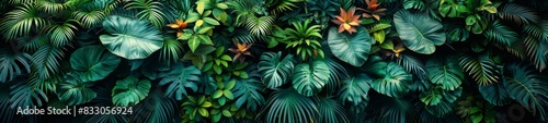 Against the verdant backdrop, the tropical flowers' vibrant hues create a striking visual feast, their colors popping against the lush green foliage like splashes of paint on a fresh canvas.