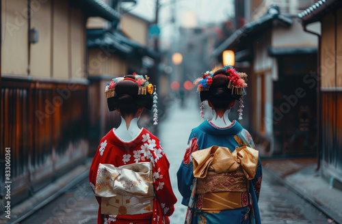 two Japanese geisha girls in traditional kimonos, one with an updo hairstyle and the other wearing hair accessories on her head, both dressed in red kimono with white accents