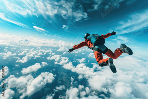 Skydiver in freefall with a wide expanse of sky and clouds in the background