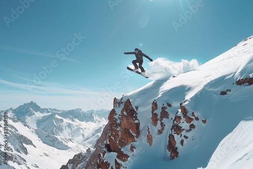 Snowboarder performing a high jump off a snow-covered mountain