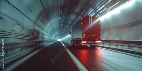 A semi truck speeds through a tunnel.