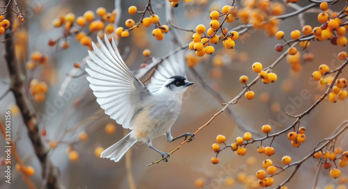 The chickadee is flying in the air, its wings spread wide as it ebony beak clings to amber berries hanging from a branch.