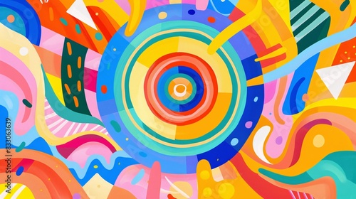 13. A vibrant, playful illustration of a rainbow spiral set against a background of abstract shapes and lines, symbolizing unity and diversity for LGBTQ+ Pride Month