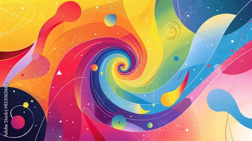 13. A vibrant, playful illustration of a rainbow spiral set against a background of abstract shapes and lines, symbolizing unity and diversity for LGBTQ+ Pride Month